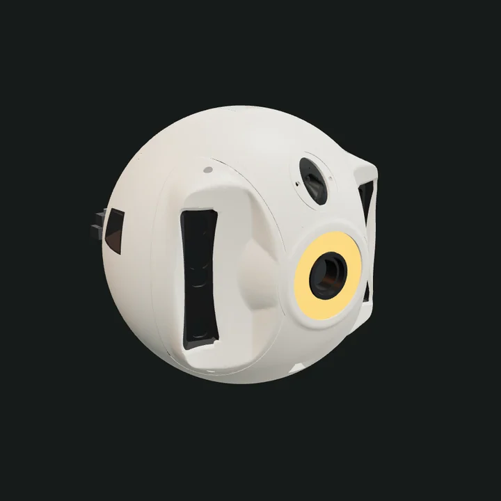 A.E.V.A. prototype: curved ivory housing, an amber central eye and dark side panels.