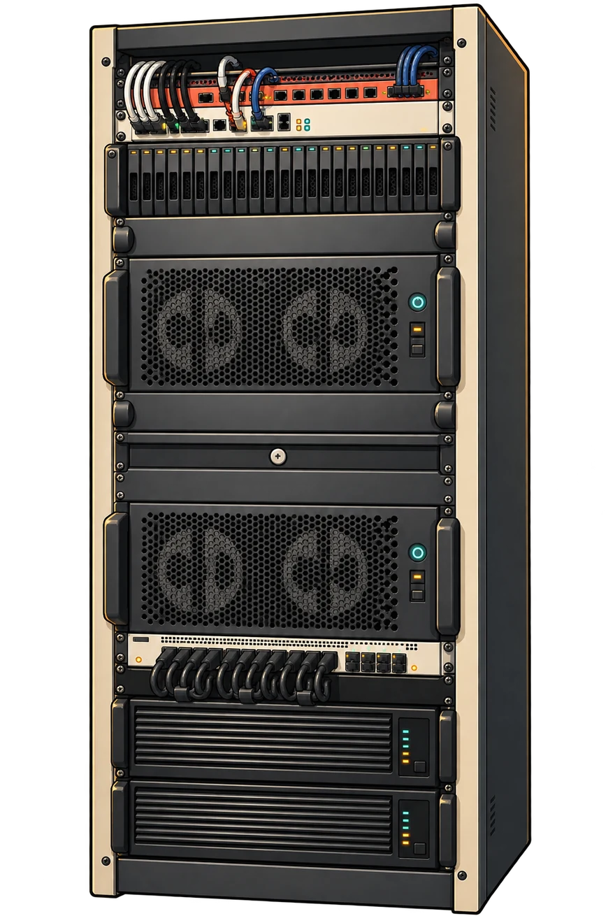 Illustrated research rack with NVMe drive bays, two STEIGER server chassis, networking and two DGX Spark cooling bays
