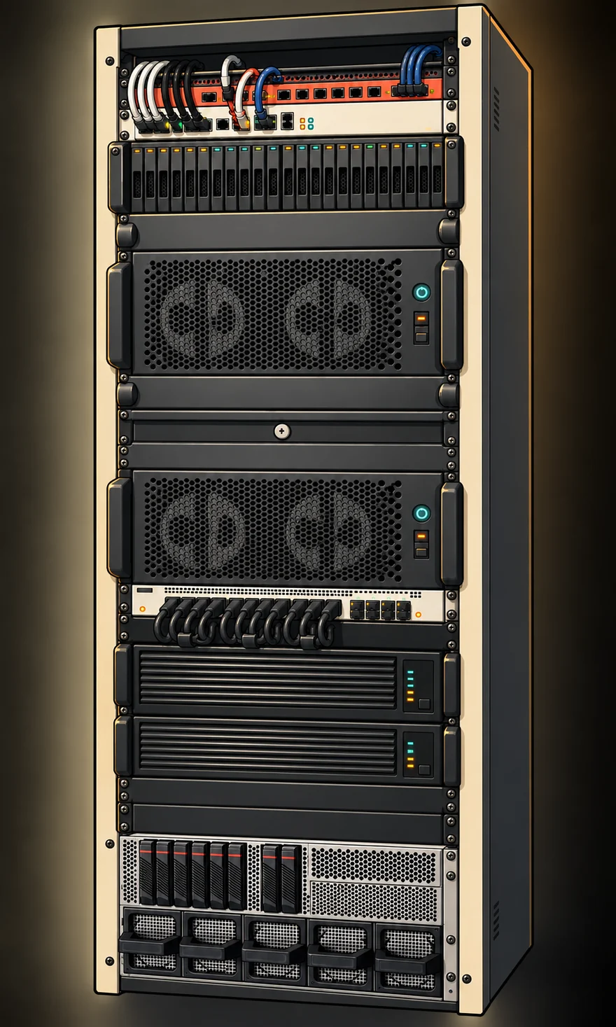 Research rack with networking, NVMe storage, two STEIGER systems, a MacBook lockbox, two DGX Spark bays, two blank spacer panels and the planned 4U GPU server at the bottom